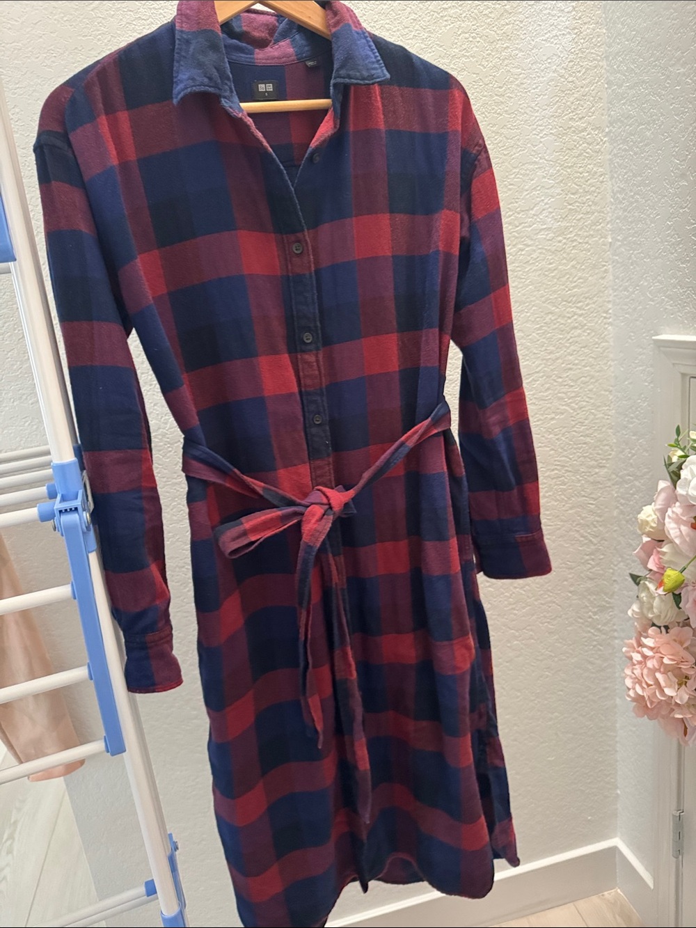 Uniqlo Red & Navy Plaid Long-Sleeve Shirt Dress with Tie Belt